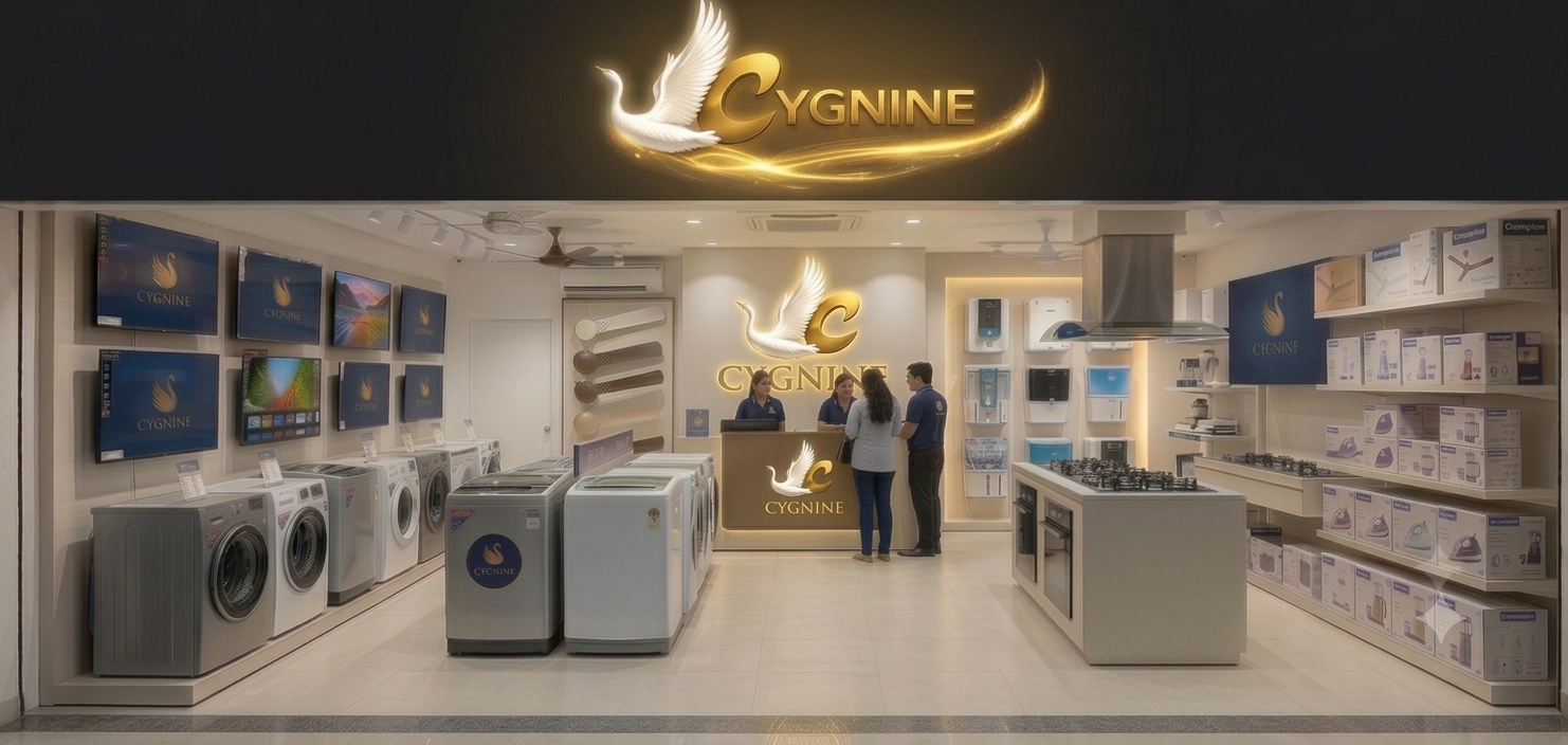 Placeholder render of a Cygnine Experience Store storefront with LED TV wall and branded signage