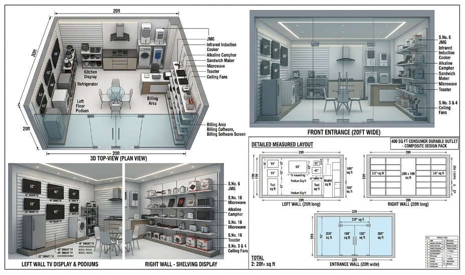 Placeholder floor plan diagram of a 400 to 500 square foot Cygnine Experience Store